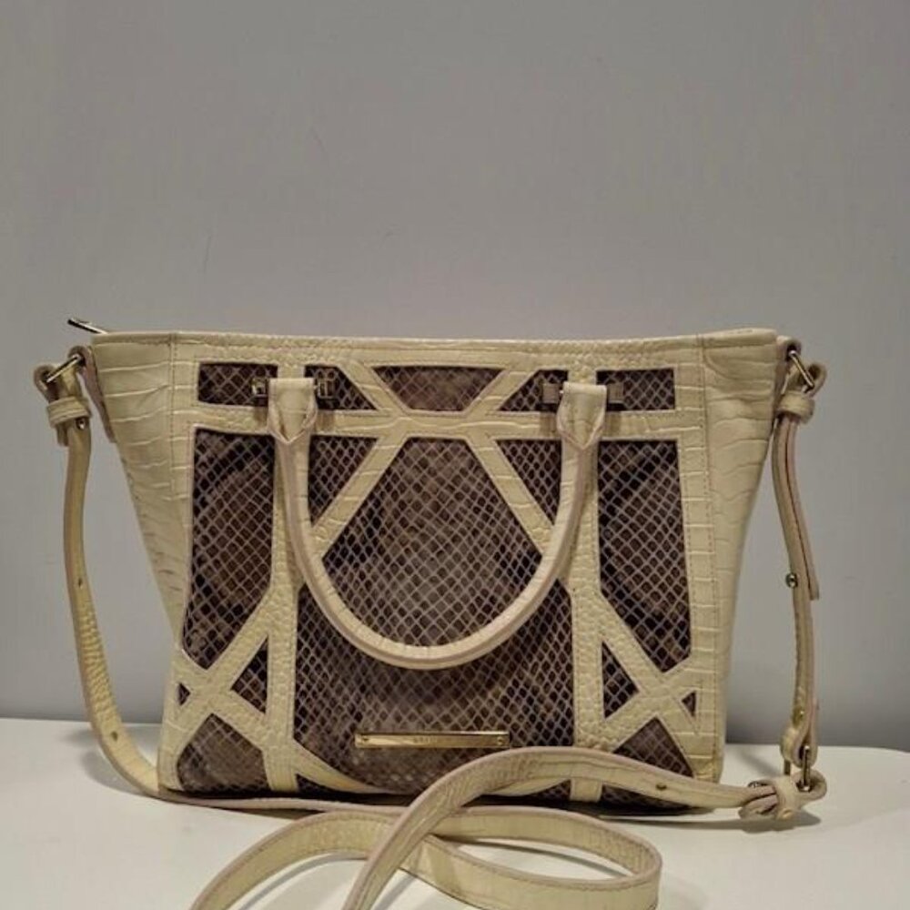 Brahmin Grey/Tan Snakeskin Small Handle Bag with Crossbody Strap - Picture 1 of 5